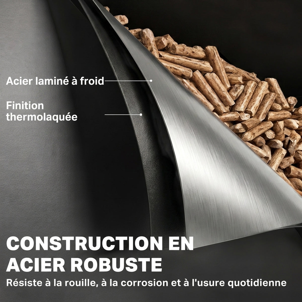 Réservoir à Pellets Granulés en Acier 30 kg, Roulettes, Fenêtre de Niveau, Tamis avec Poignée, 36,5x36,5x61,5cm, Noir-4