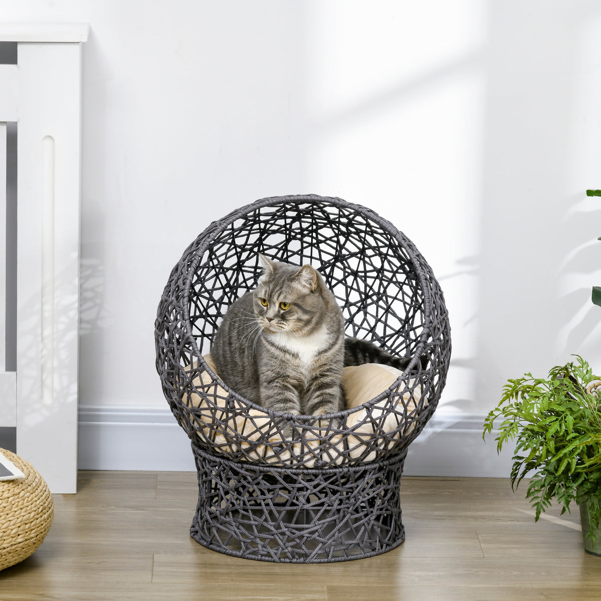 Panier chat lit surélevé chat cosy niche grotte 50 x 50 x 60 cm coussin moelleux crème inclus, corde en polyester violet-1