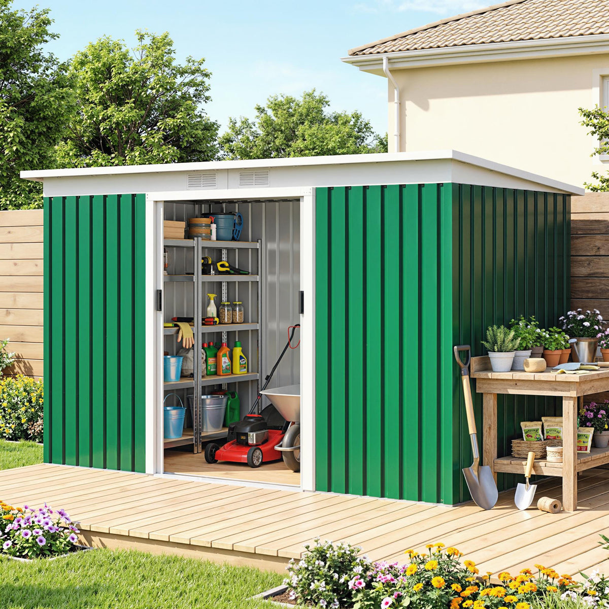 Abri de jardin 3,6 m² 280 x 130 x 172 cm kit de fondation porte coulissante ventilations acier galvanisé vert foncé-9