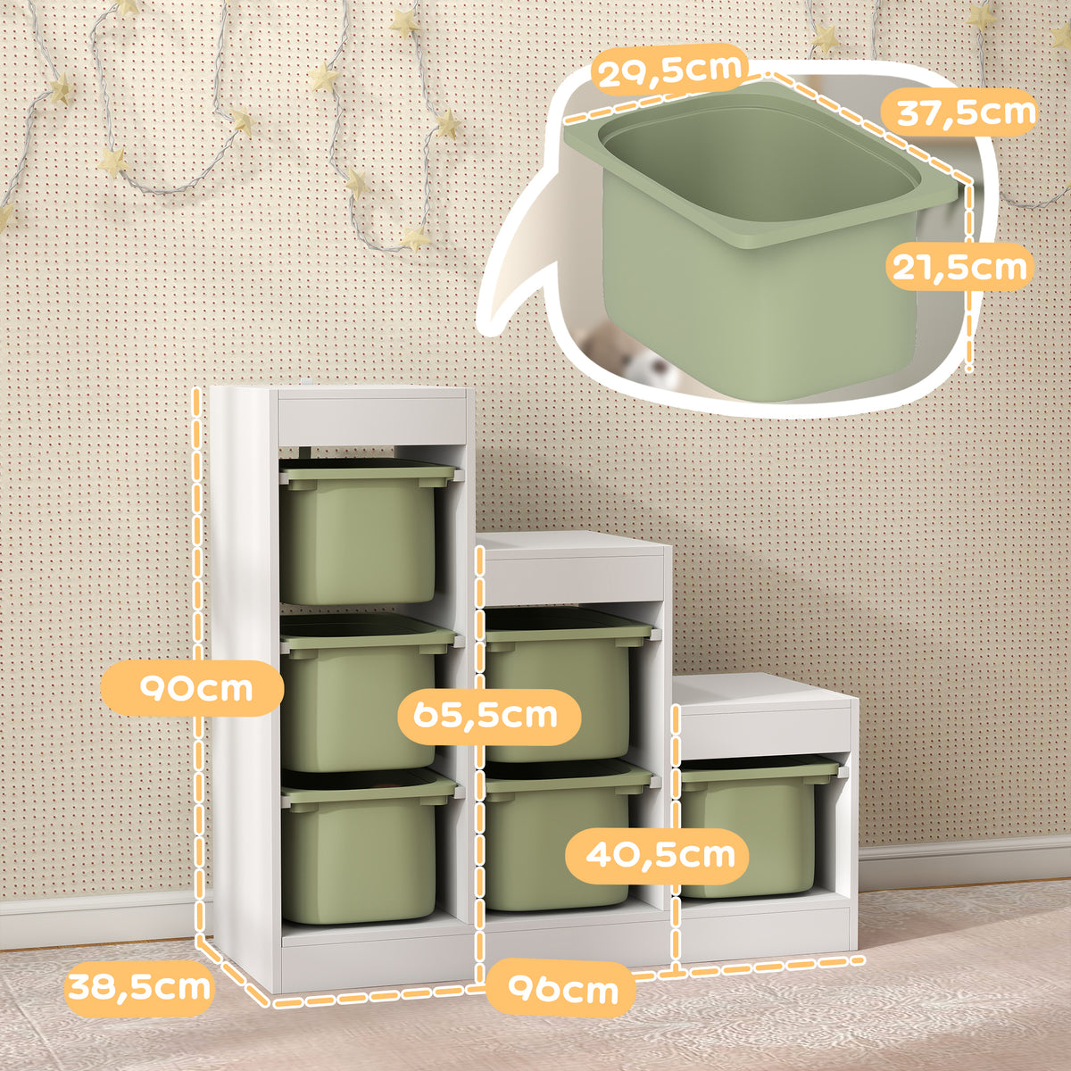 Meuble de rangement pour jouets des enfants avec 6 bacs amovibles, 3 niveaux de rangement, 96 x 38,5 x 90, vert-2