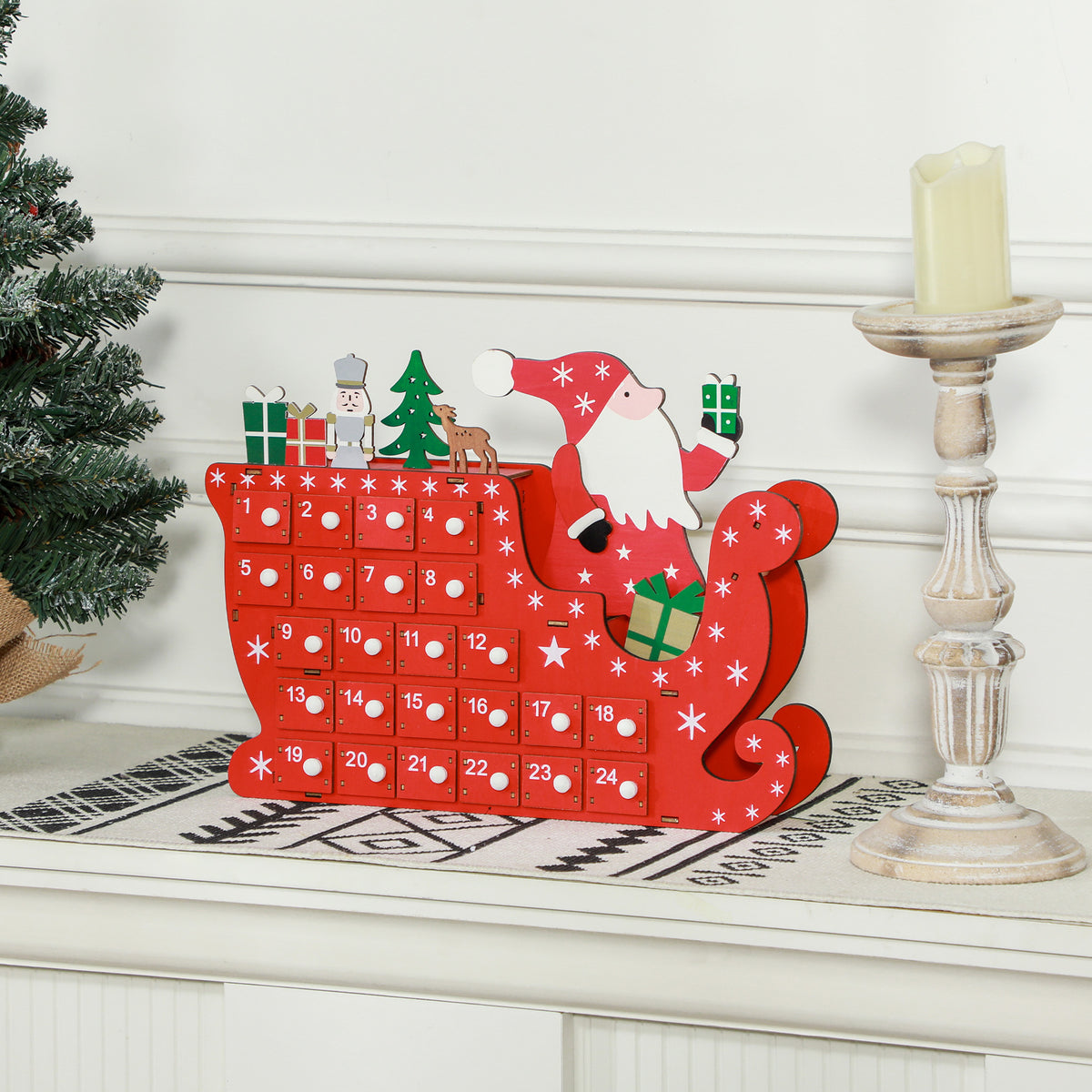 Calendrier de l'Avent à remplir en bois, décoration de Noël avec 24 tiroirs, Père Noël et traîneau, 22,5x8x36cm, rouge-1