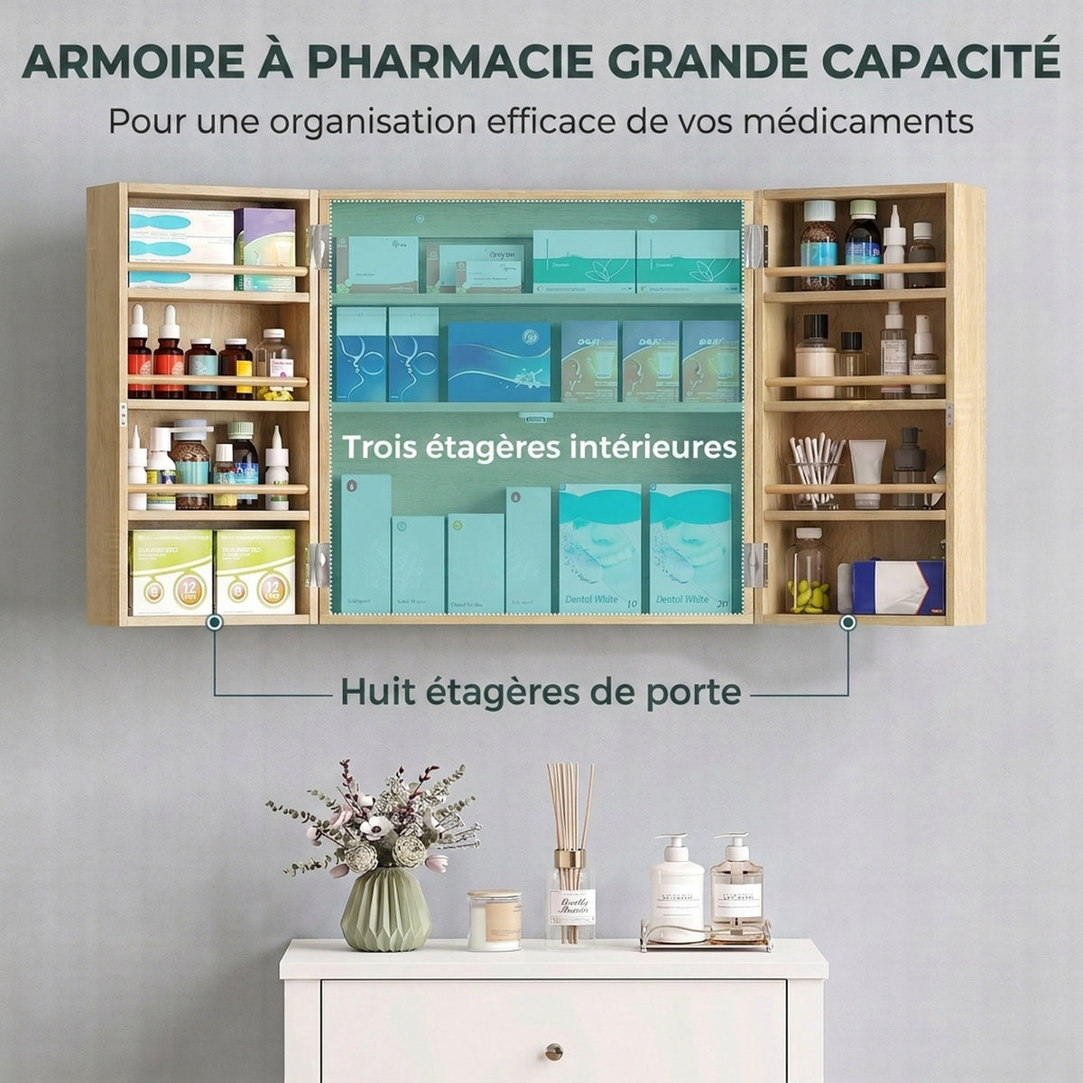Armoire à pharmacie murale, armoire à médicaments avec double porte verrouillable 2 clés, 53x20x53cm, chêne-3