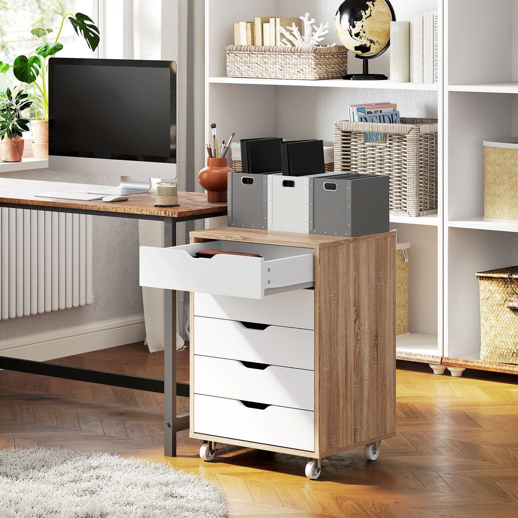 Caisson bureau mobile, meuble rangement bureau sur roulettes, 5 tiroirs, 47,5 x 39,5 x 67,5 cm, blanc et chêne-9