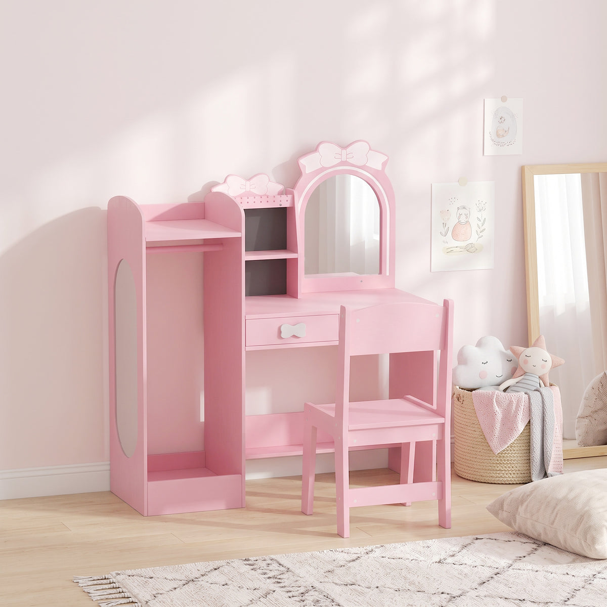 Coiffeuse pour Enfants avec Tabouret et Miroir Lumineux à 2 Couleurs en Acrylique, Coiffeuse Bureau Fille 3-8 Ans, Rose-1