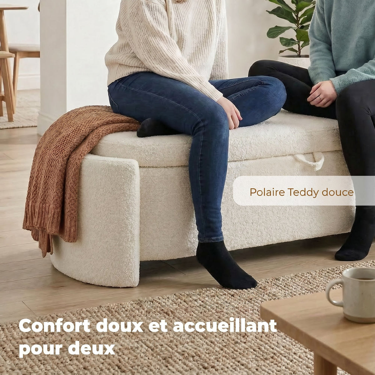 Banc de rangement, bout de lit ovale en polaire Teddy avec assise large, 129 x 48,5 x 44 cm, crème-3