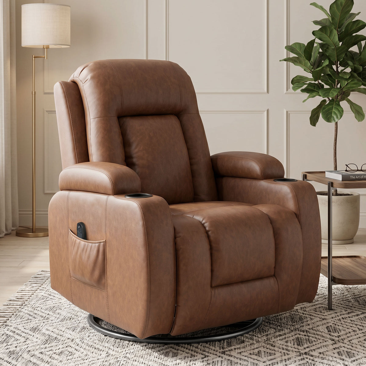 Fauteuil Inclinable de Massage et Chauffage, Fauteuil de Relaxation, Dossier Réglable, Pivotant, 82x99x103cm, Marron-1