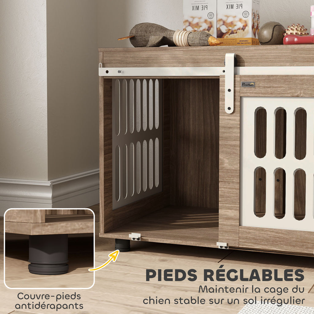 Meuble cage pour chien avec porte coulissante, maison pour chien de moyenne, table d'appoint, 80 x 59 x 63 cm, noyer-5