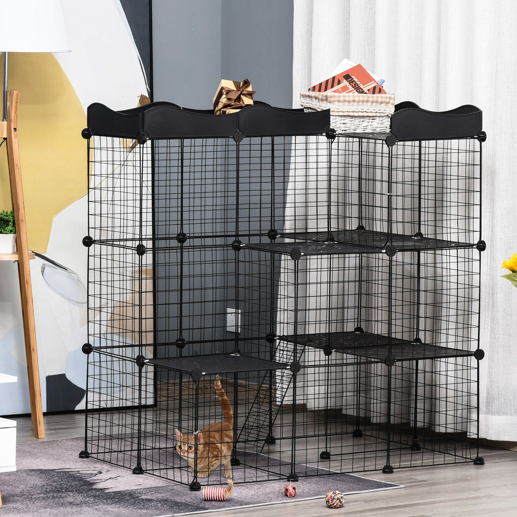 Cage parc enclos pour petits animaux chats lapins modulable 3 niveaux 2 portes rampe fil métallique 105 x 70 x 116 cm noir-1