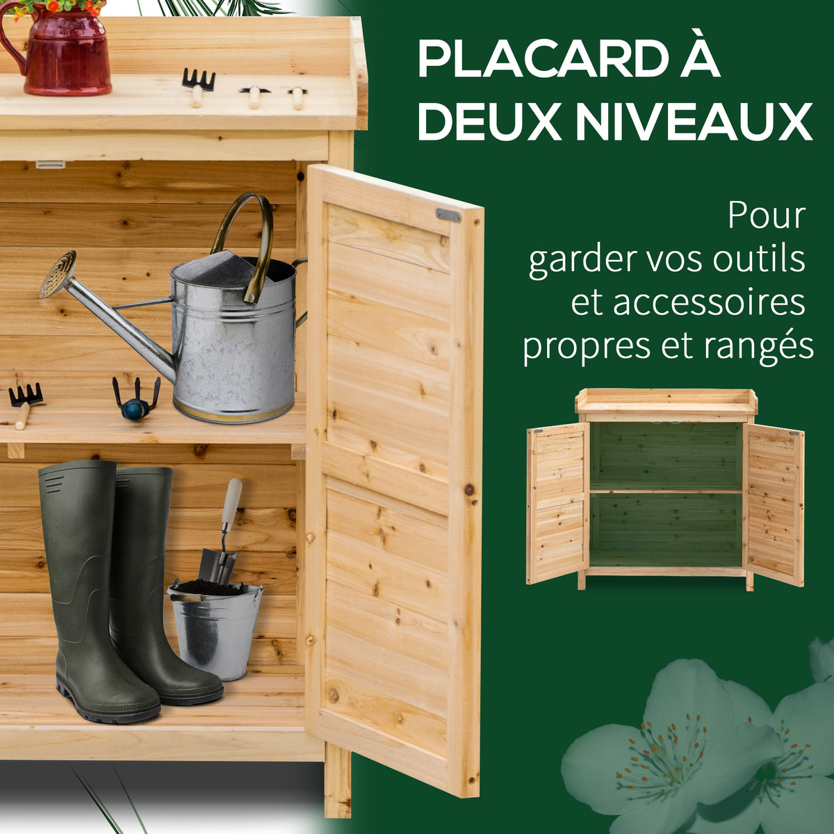 Armoire de jardin remise pour outils sur pied placard avec double porte et étagère interne en bois massif sapin pré-huilé dim. 83L x 40l x 92H cm naturel-3