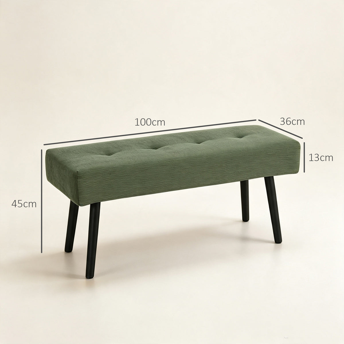 Banc banquette bout de lit rembourré en velours côtelé et pieds en acier noir charge 220 Kg 100 x 36 x 45 cm vert-2