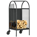 Range-bûches porte bûches sur roulettes avec accessoires pelle balai et tisonnier 37,5 x 37,5 x 80 cm noir-0