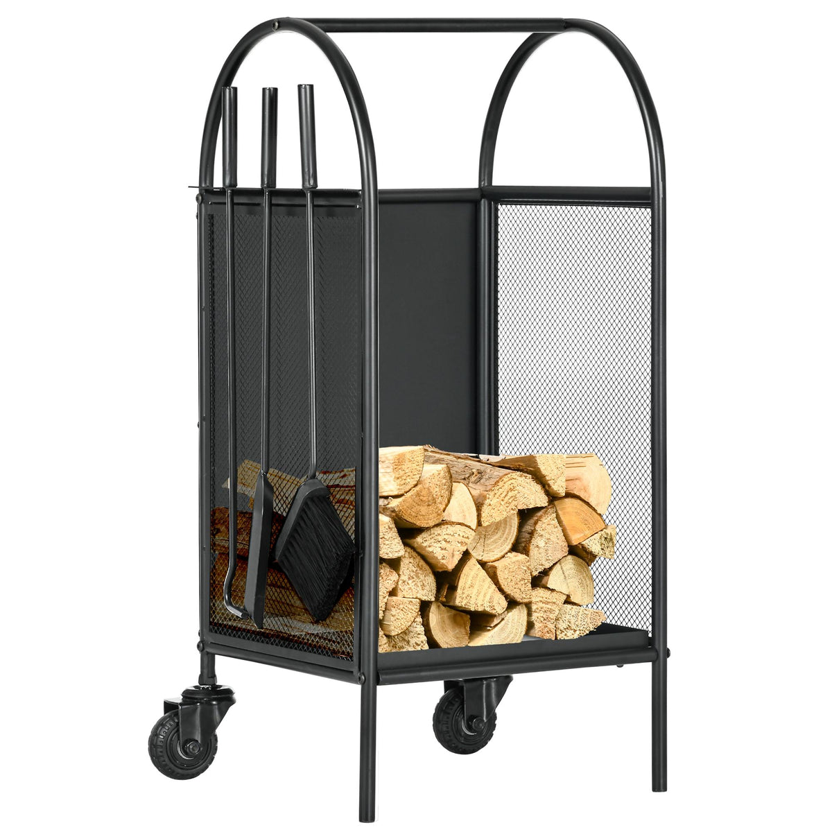 Range-bûches porte bûches sur roulettes avec accessoires pelle balai et tisonnier 37,5 x 37,5 x 80 cm noir-0