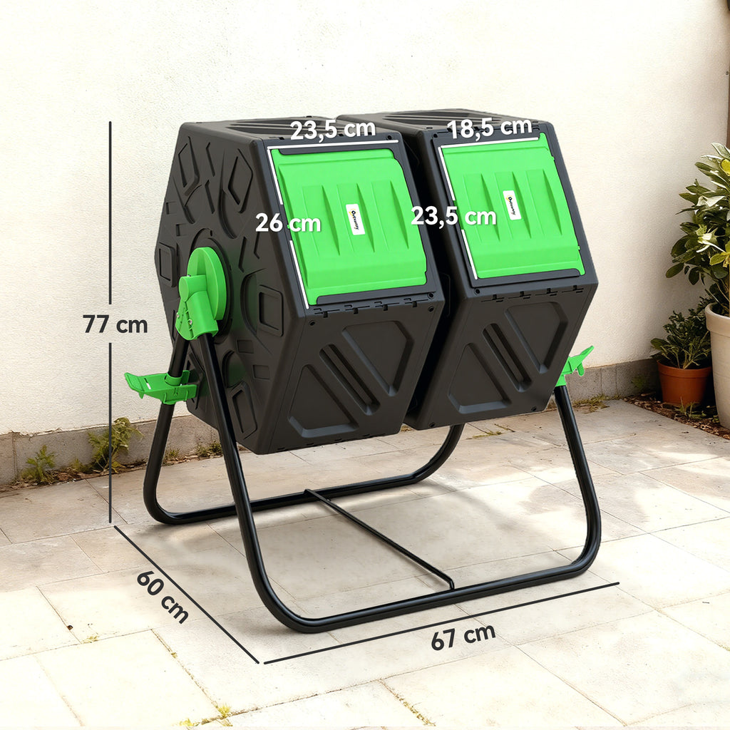 Composteur de jardin bac à compost pour déchets rotatif 360° double chambre 130 L acier PP 67 x 60 x 77 cm noir-2