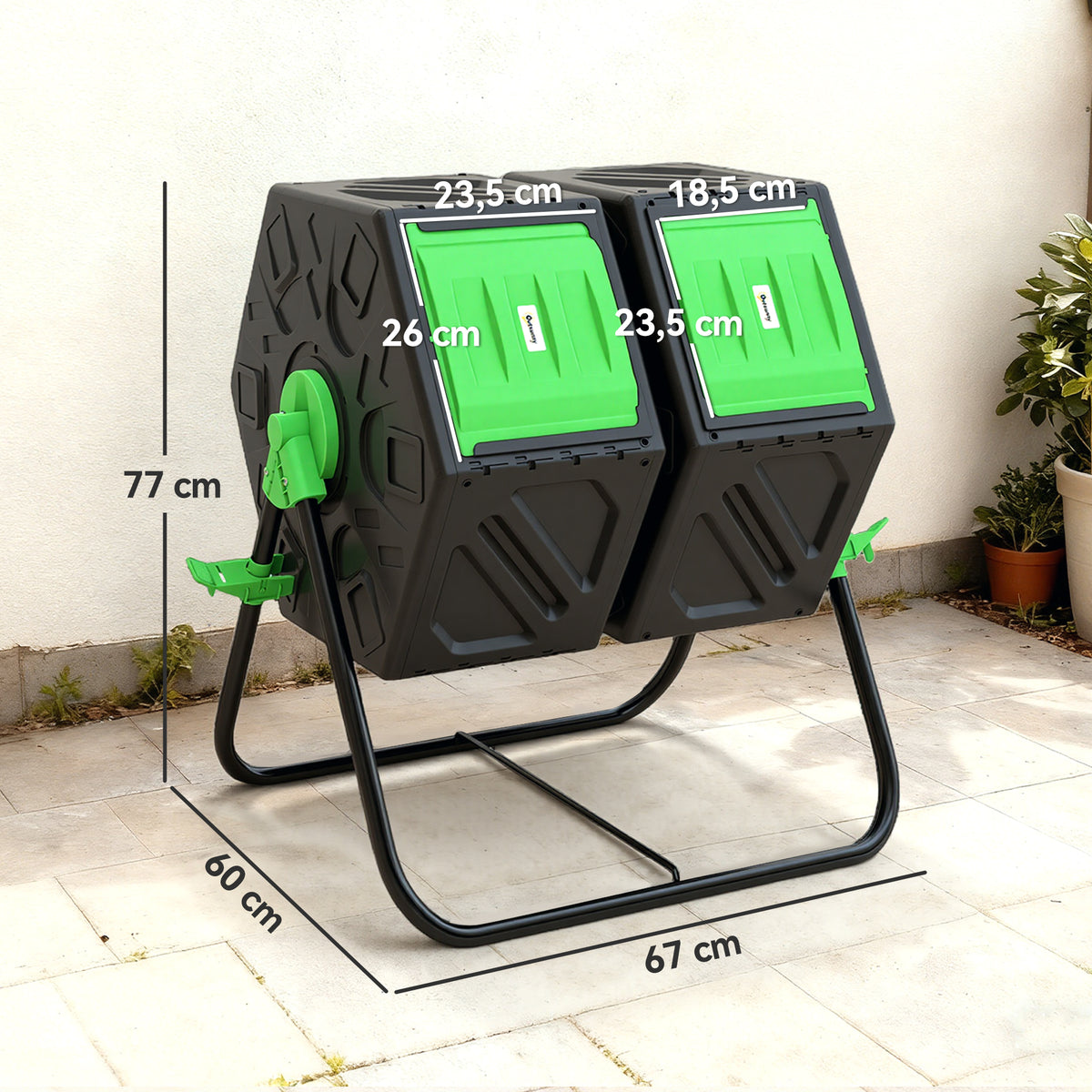 Composteur de jardin bac à compost pour déchets rotatif 360° double chambre 130 L acier PP 67 x 60 x 77 cm noir-2