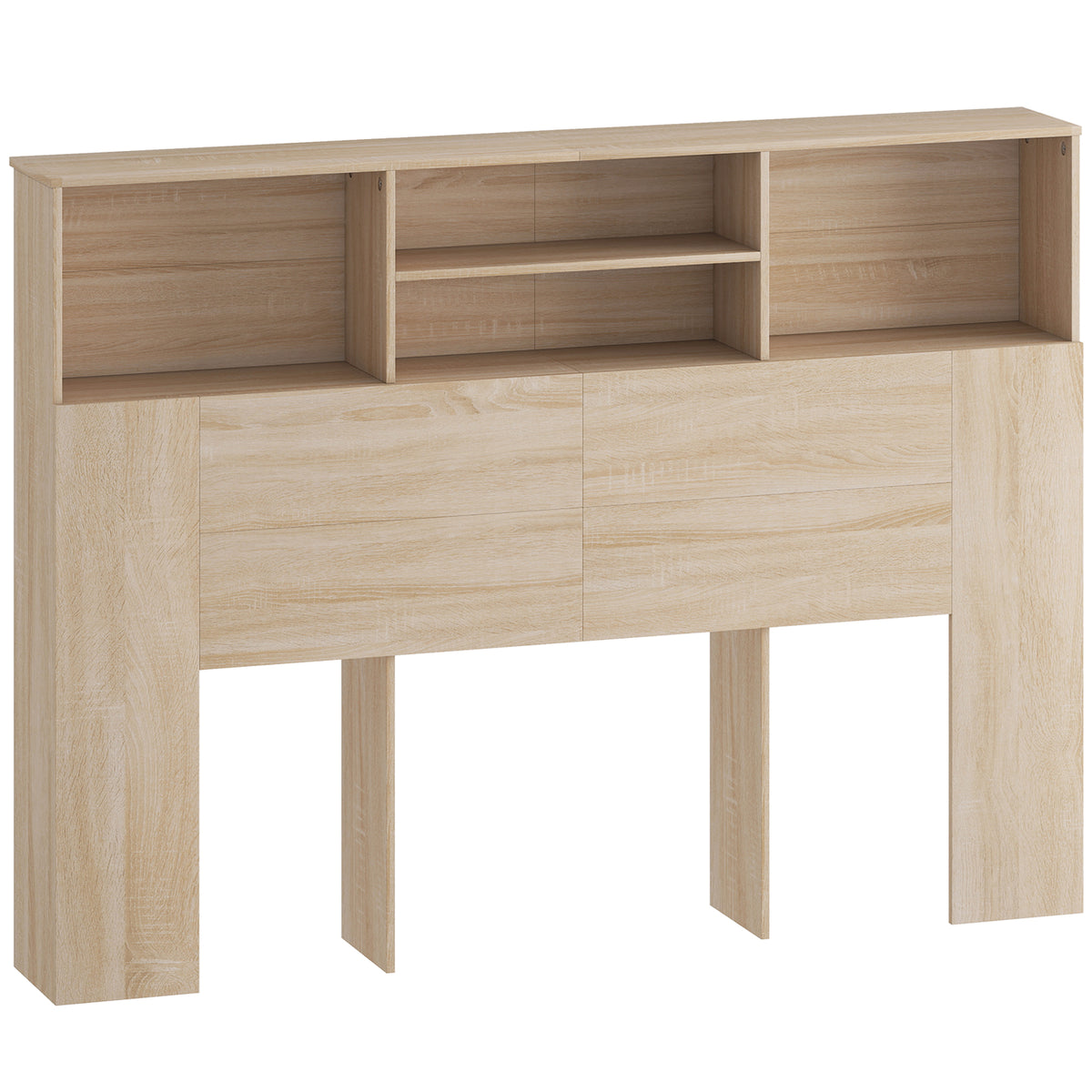 Tête de lit sur pied avec rangements, accessoire de lit 4 compartiments ouverts, 140 x 19 x 103,5 cm, effet bois naturel-0