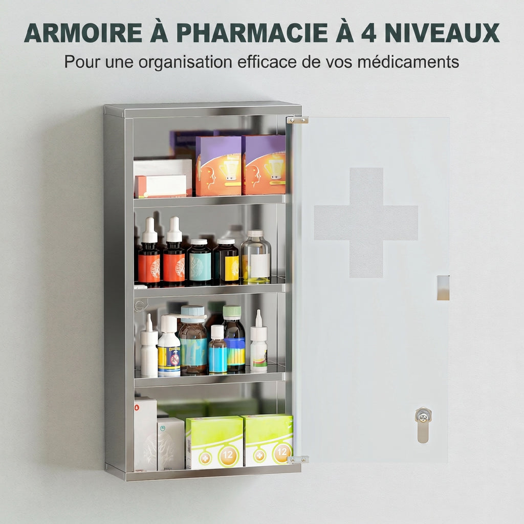 Armoire à Pharmacie 3 étagères 4 Niveaux 30L x 12l x 60H cm Porte Verre trempé Symbole Croix Acier Inoxydable brossé-6