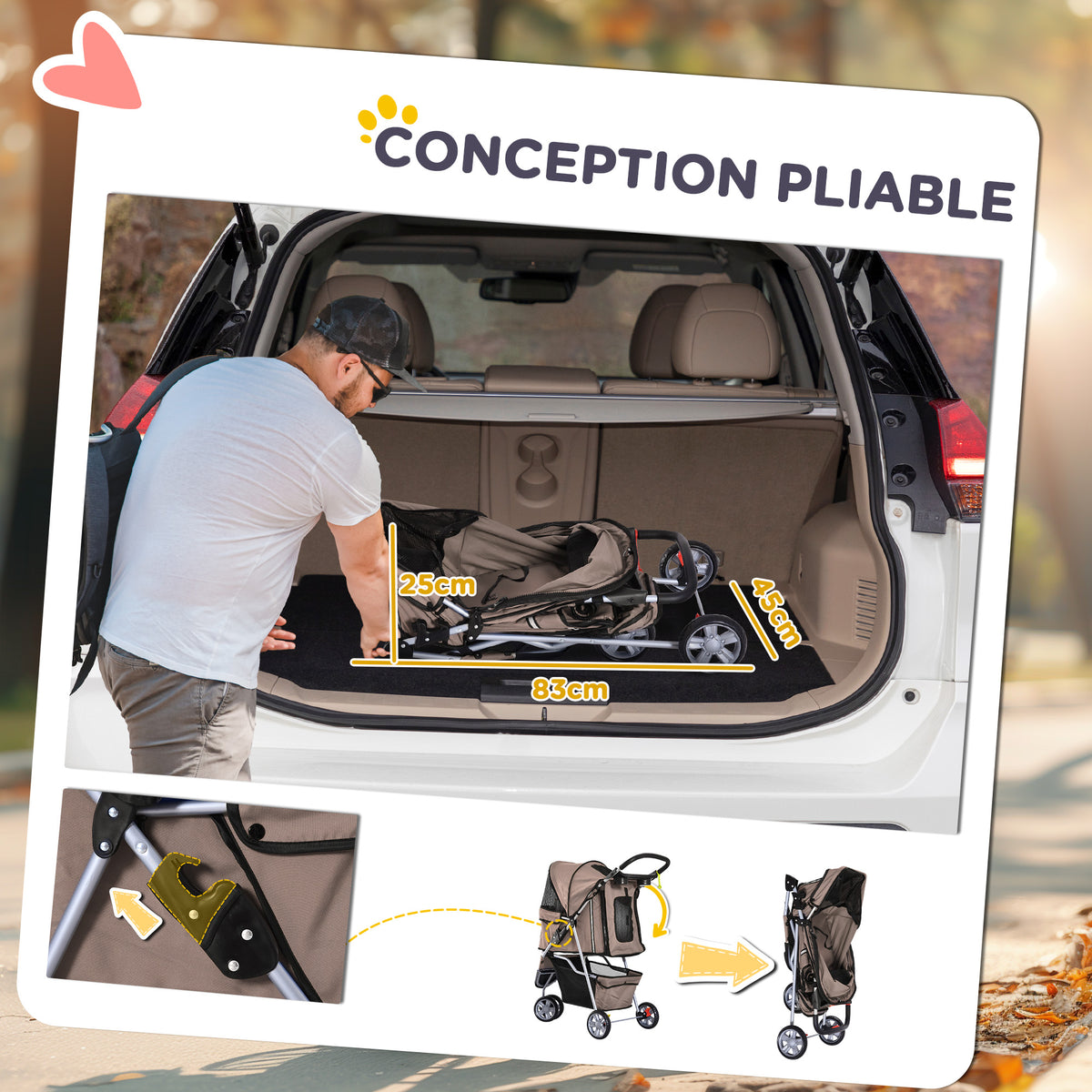 Poussette Buggy Pliable Animaux, Chariot Pliant Chien Chat, Porte-Gobelet Panier de Rangement Inclus, Roues avec Frein, Tissu 600D Oxford Acier, 75 x 45 x 97 cm Marron-4