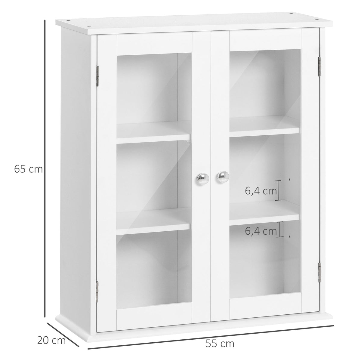 Armoire murale de salle de bain, meuble haut salle de bains avec 2 portes en verre, étagère réglable, 55x20x65cm, blanc-2