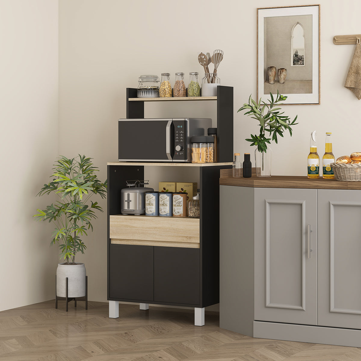 Meuble micro onde, buffet cuisine avec placard tiroir étagère supérieur, 60 x 40 x 131 cm chêne et noir-6