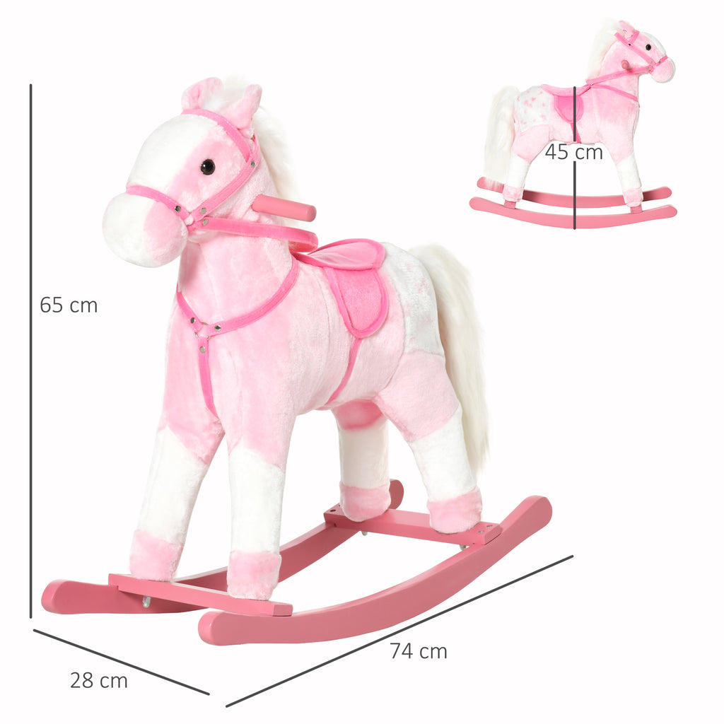 Cheval à Bascule en Bois et Peluche pour Enfant Cheval de Cowboy peluche Pour Enfants de 3-6 Ans Jouet balançoire avec Effet sonore Selle rênes Rose Blanc-2