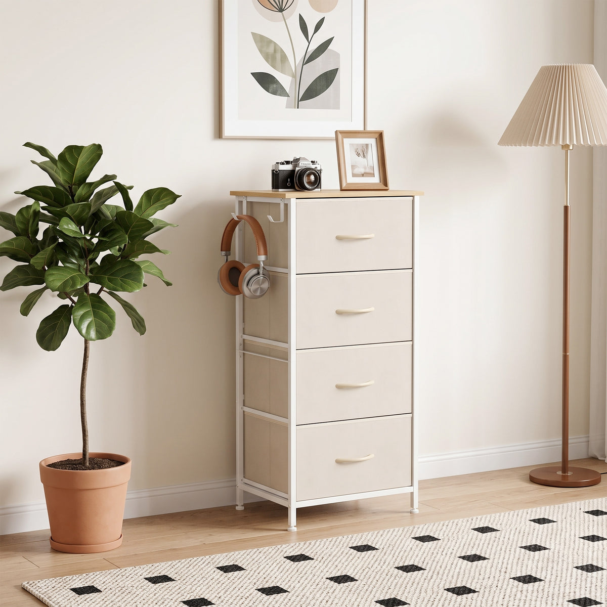 Commode 4 tiroirs en tissu, meuble de rangement avec 4 poches, 2 crochets, structure en acier, 45 x 30 x 94,5 cm, Beige-8