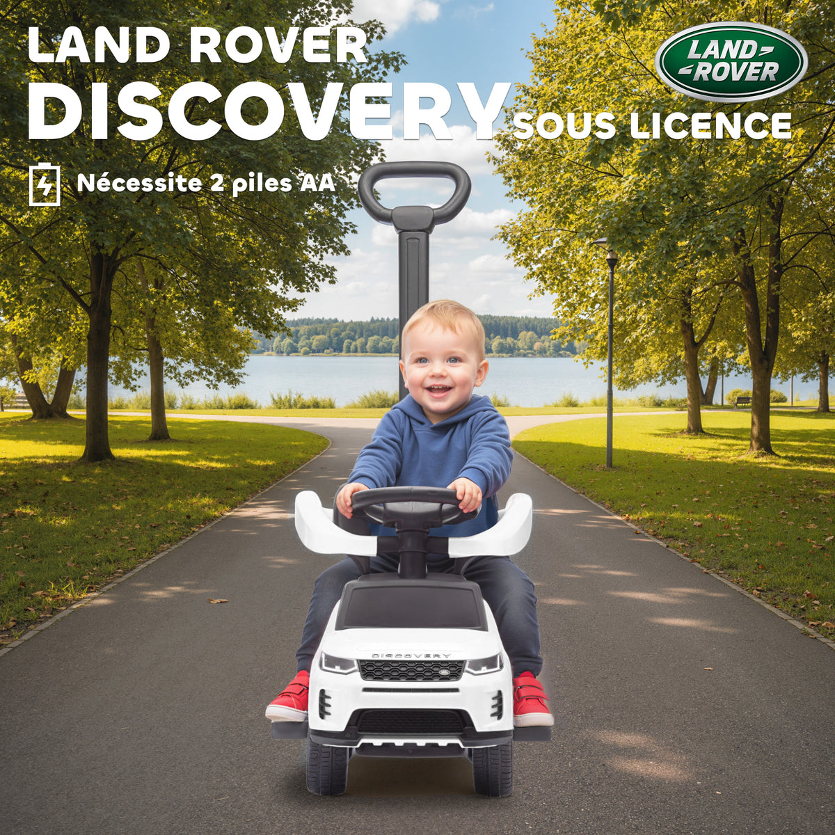 Porteur enfants Land Rover Discovery sous licence, porteur voiture à pousser avec poignée amovible, 84x40x94,5cm, blanc-4
