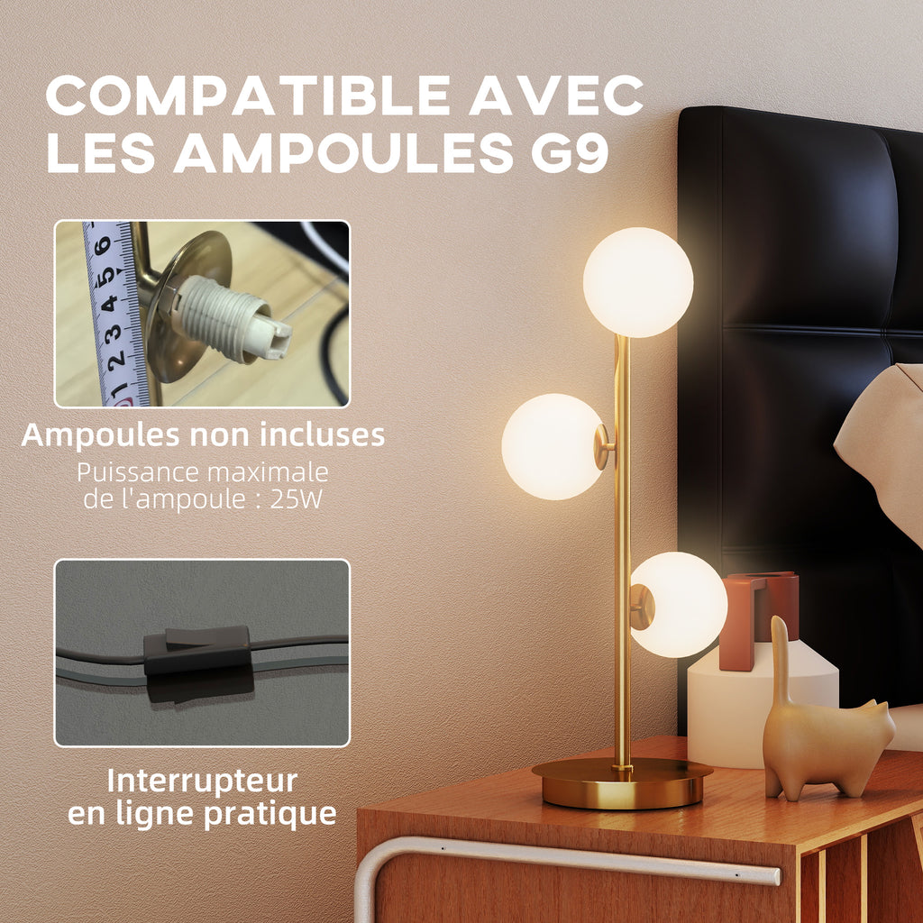 Lampe de chevet avec 3 abat-jours globe, lampe de table moderne avec base en acier et douilles G9, 53H cm, ton laiton-4