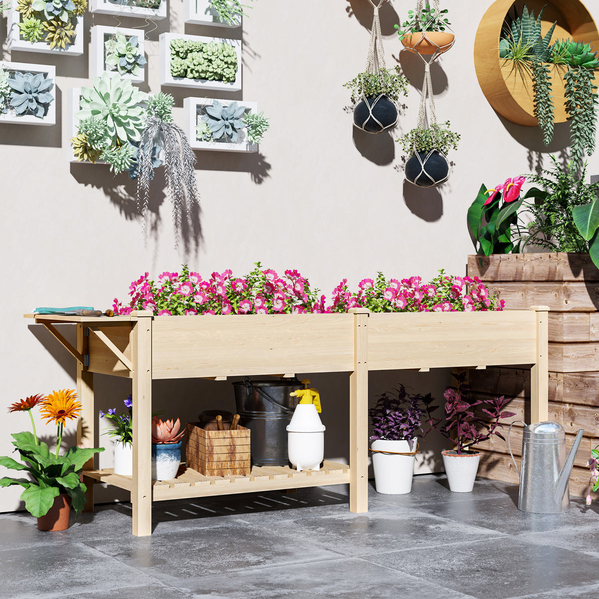 Jardinière sur pieds carré potager de jardin sur pieds 2 bacs tablette étagère inférieure 207 x 59 x 78 cm bois naturel-9