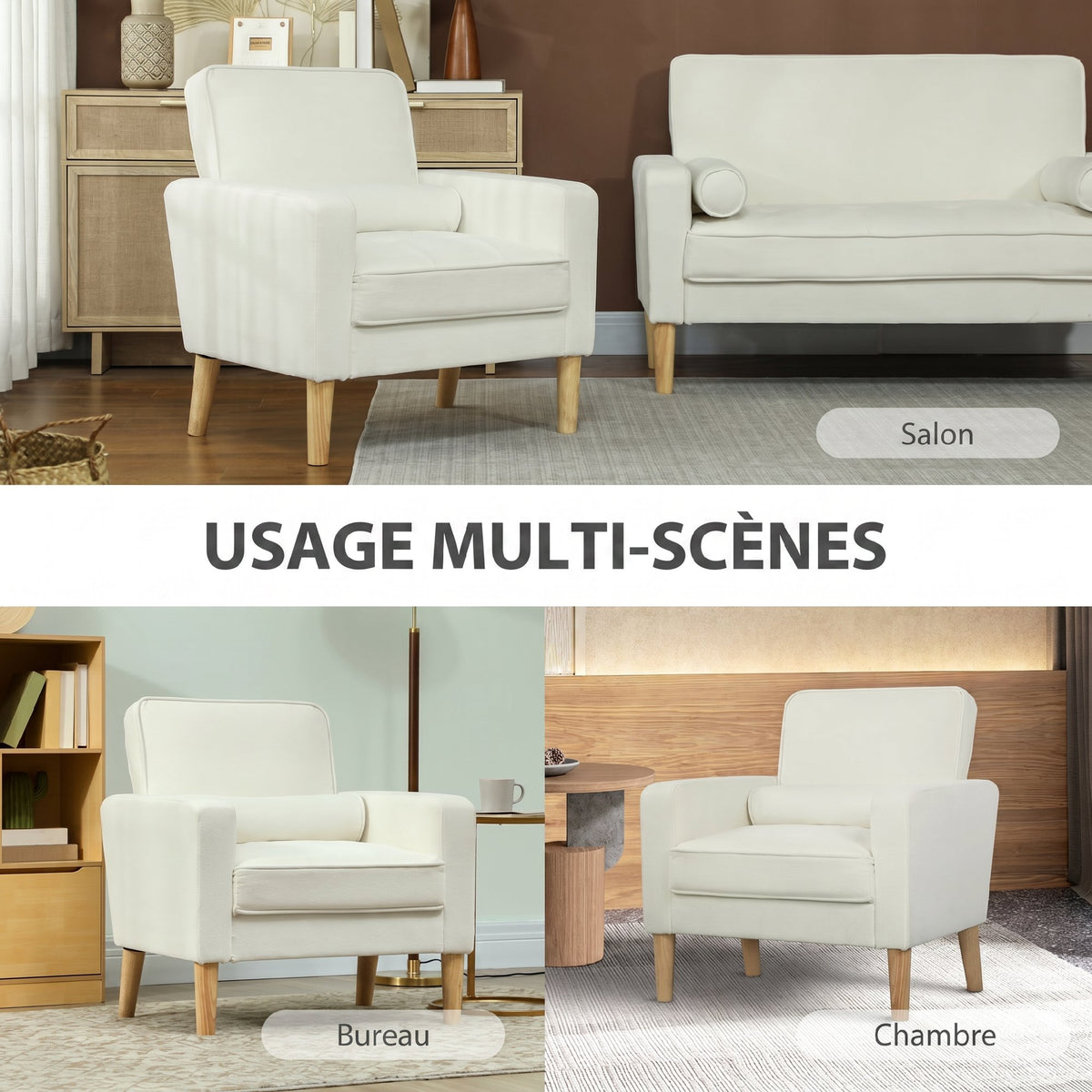 Fauteuil de salon en velours, canapé 1 place rembourré avec assise large, pour chambre, salon, petit espace, crème-8