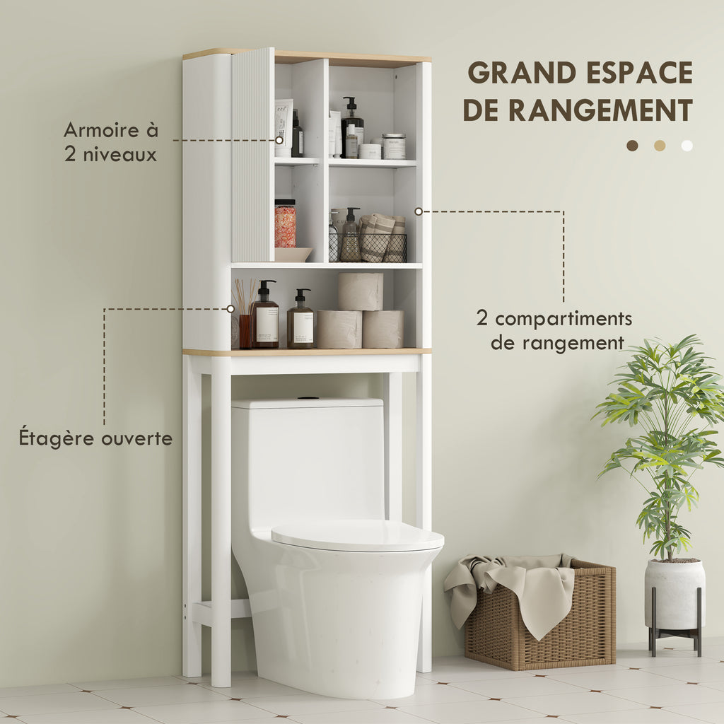 Meuble de rangement au-dessus des toilettes avec porte cannelée, compartiments, étagère réglable, 65x25x170cm, blanc-4