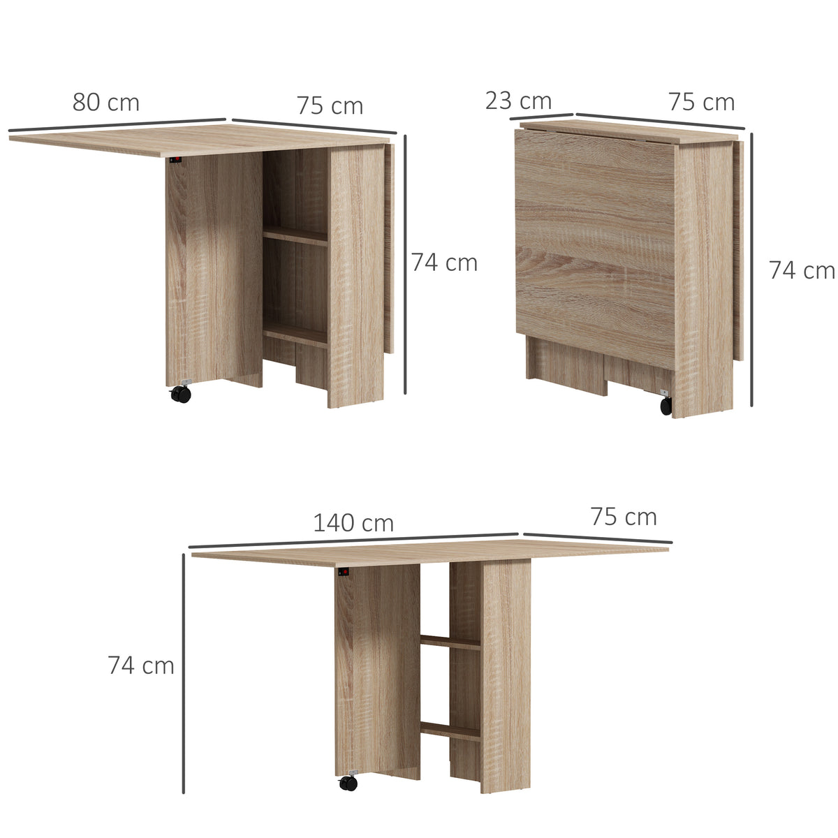 Table à manger pliante mobile sur roulettes 2 plateaux rabattables et 2 étagères intégrées 140 x 80 x 74 cm naturel-2