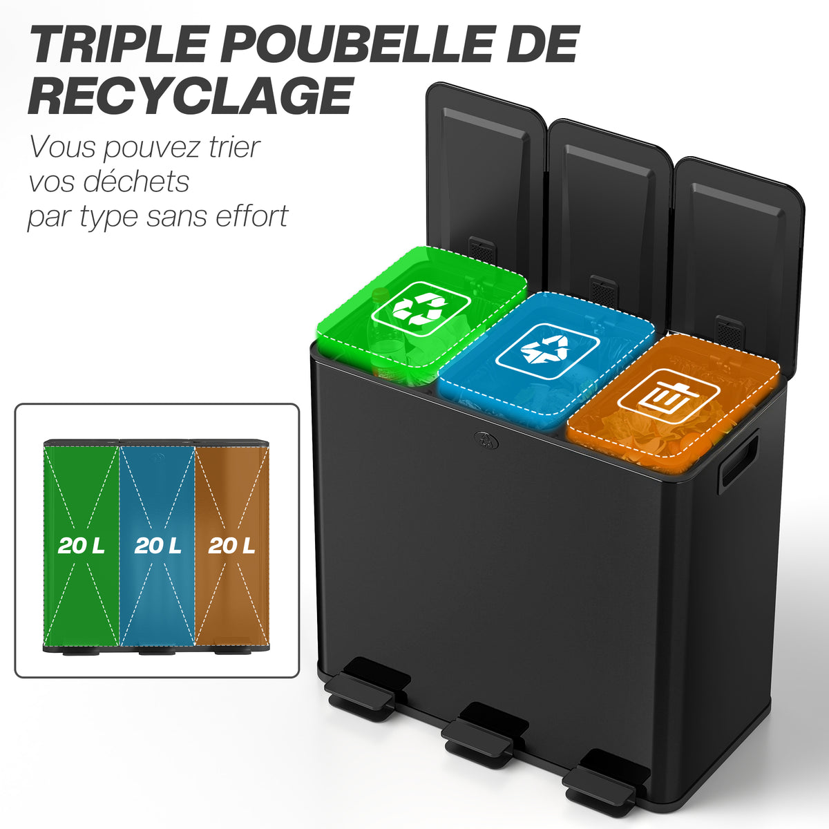 Poubelle de cuisine, poubelle tri sélectif, 3 compartiments de 20L, seaux intérieurs amovibles, 61,9x36,6x56,7cm, noir-3