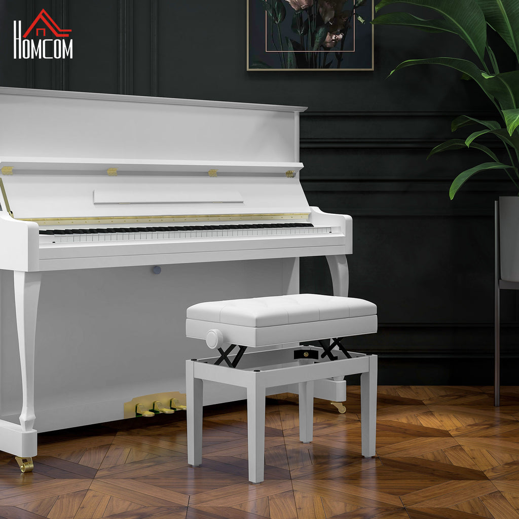 Banc de piano, banc de clavier réglable en hauteur en bois massif, compartiment de rangement, 55 x 33 x 48-58 cm blanc-9