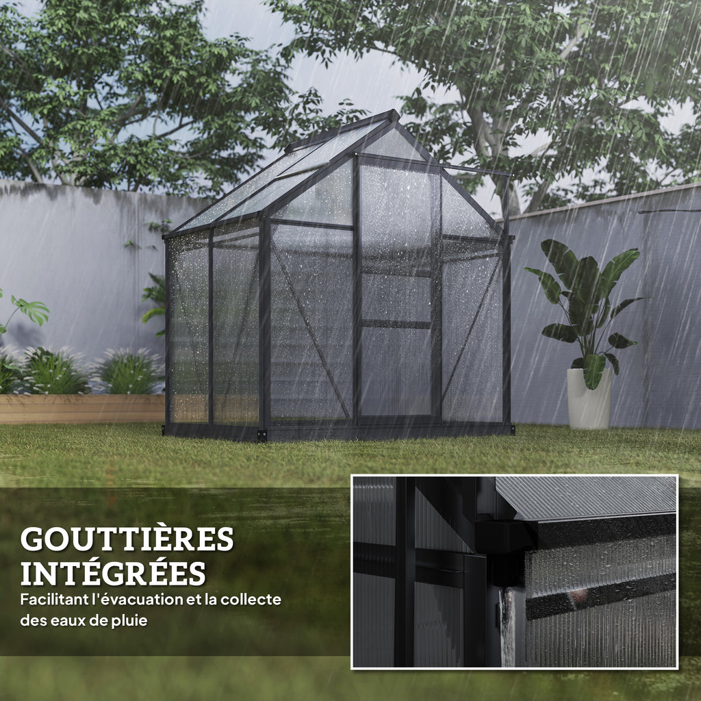 Serre de jardin polycarbonate 190 x 132 x 201 cm résistant aux UV 30+ fondation renforcé gouttière gris-6