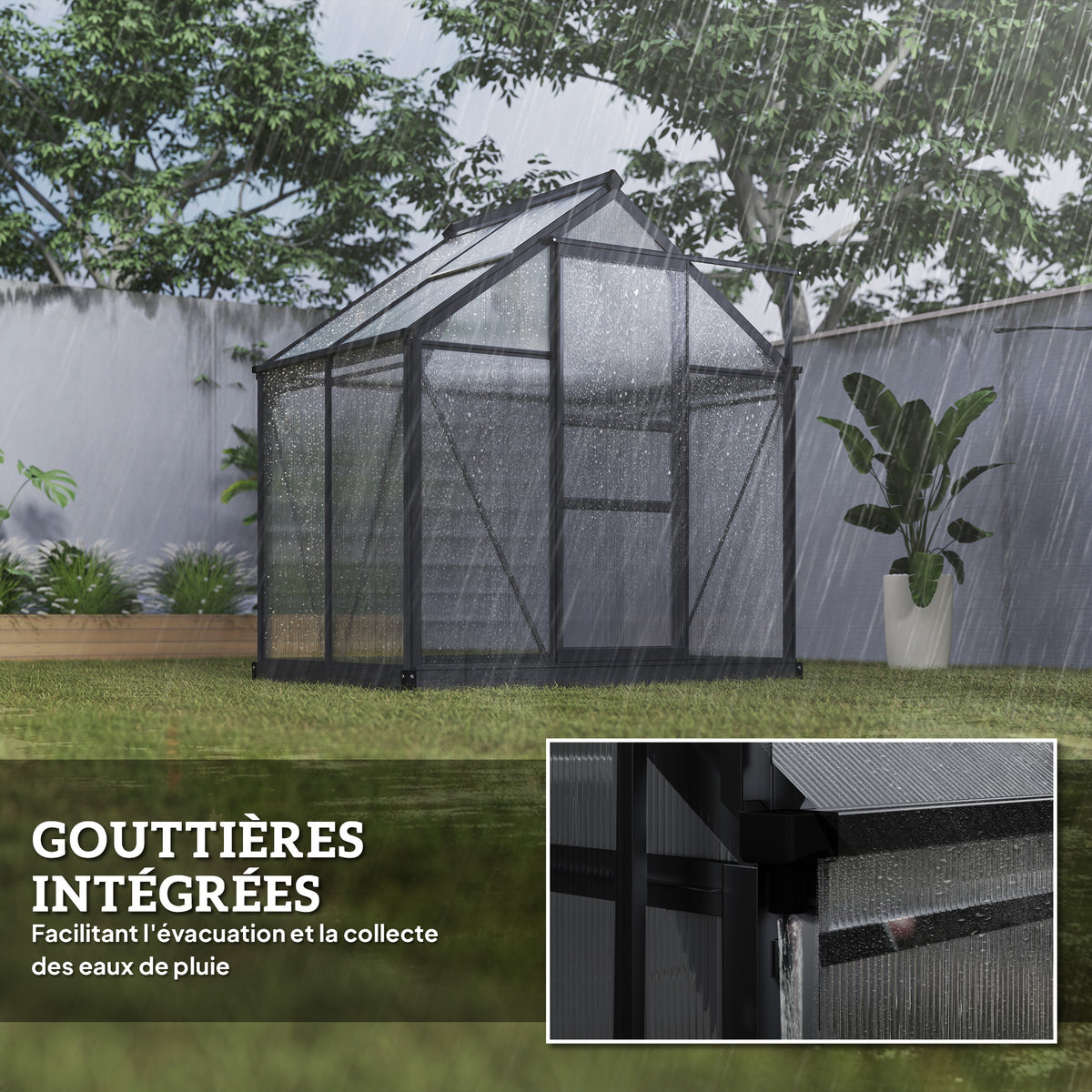 Serre de jardin polycarbonate 190 x 132 x 201 cm résistant aux UV 30+ fondation renforcé gouttière gris-6