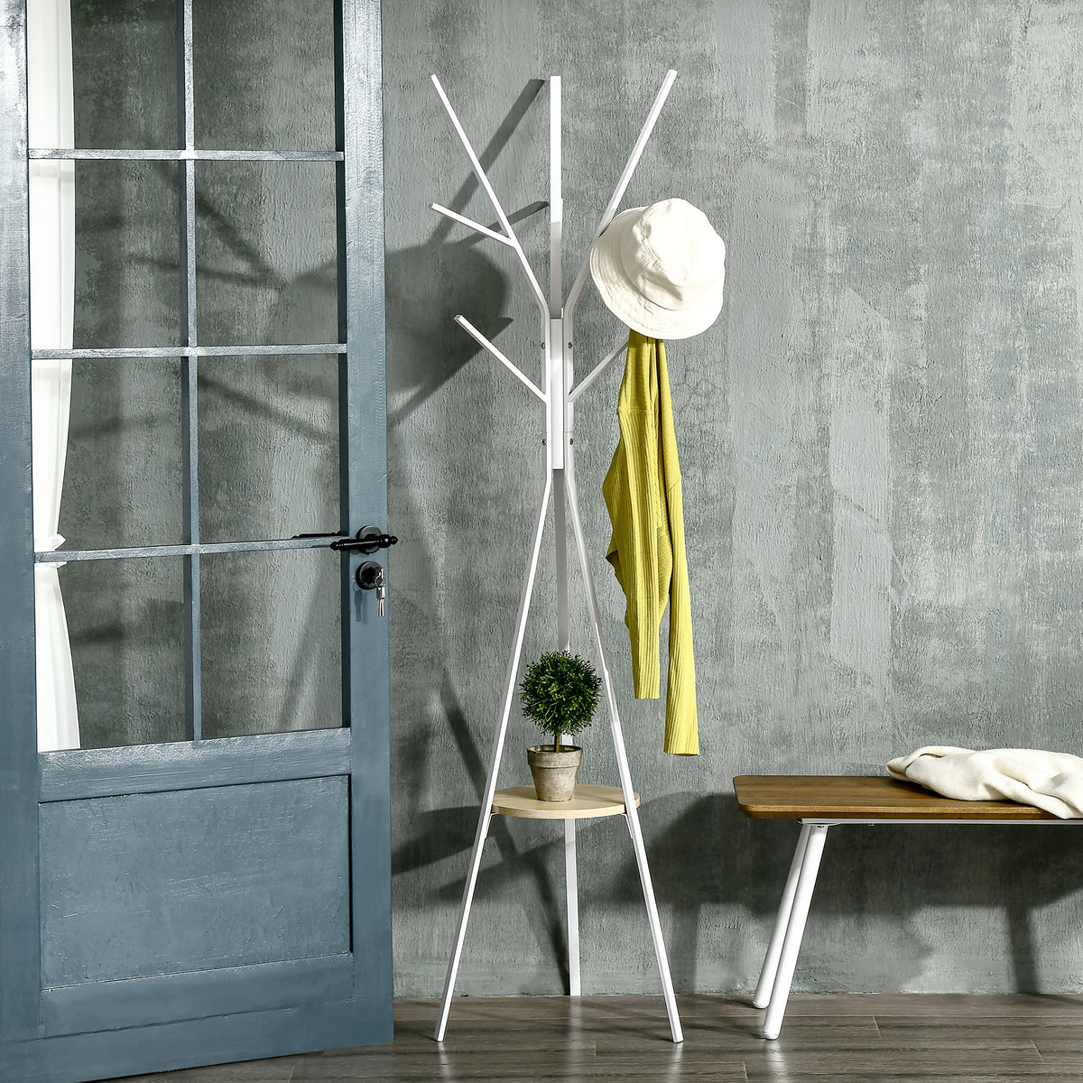 Porte-manteau trépied design contemporain branches étagère + 9 patères dim. 45L x 45l x 180H cm métal blanc-1