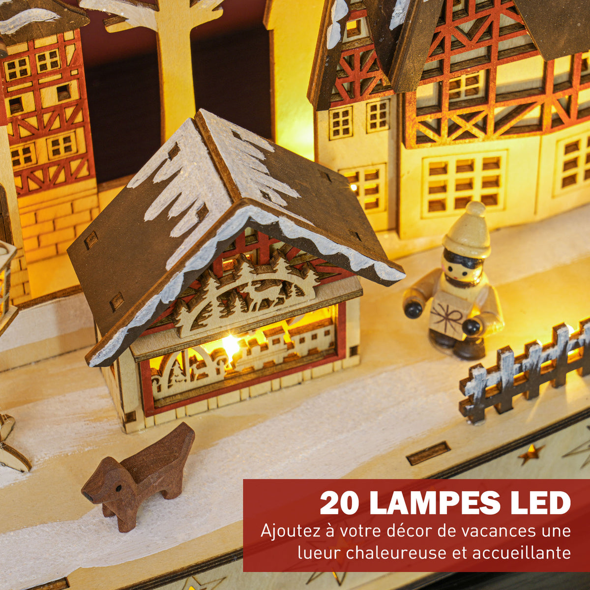 Village de Noël lumineux, village de Noël animé en bois, avec 20 LED, paysage enneigé, 45L x 12l x 30H cm, bois naturel-4
