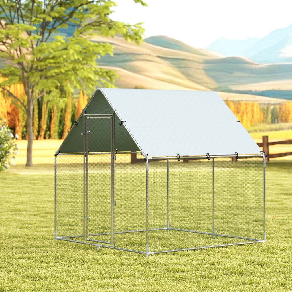 Enclos poulailler extérieur 4 m², parc grillagé - acier galvanisé Ø19mm - bâche Oxford 420D anti-UV 200x200x200cm argent-1