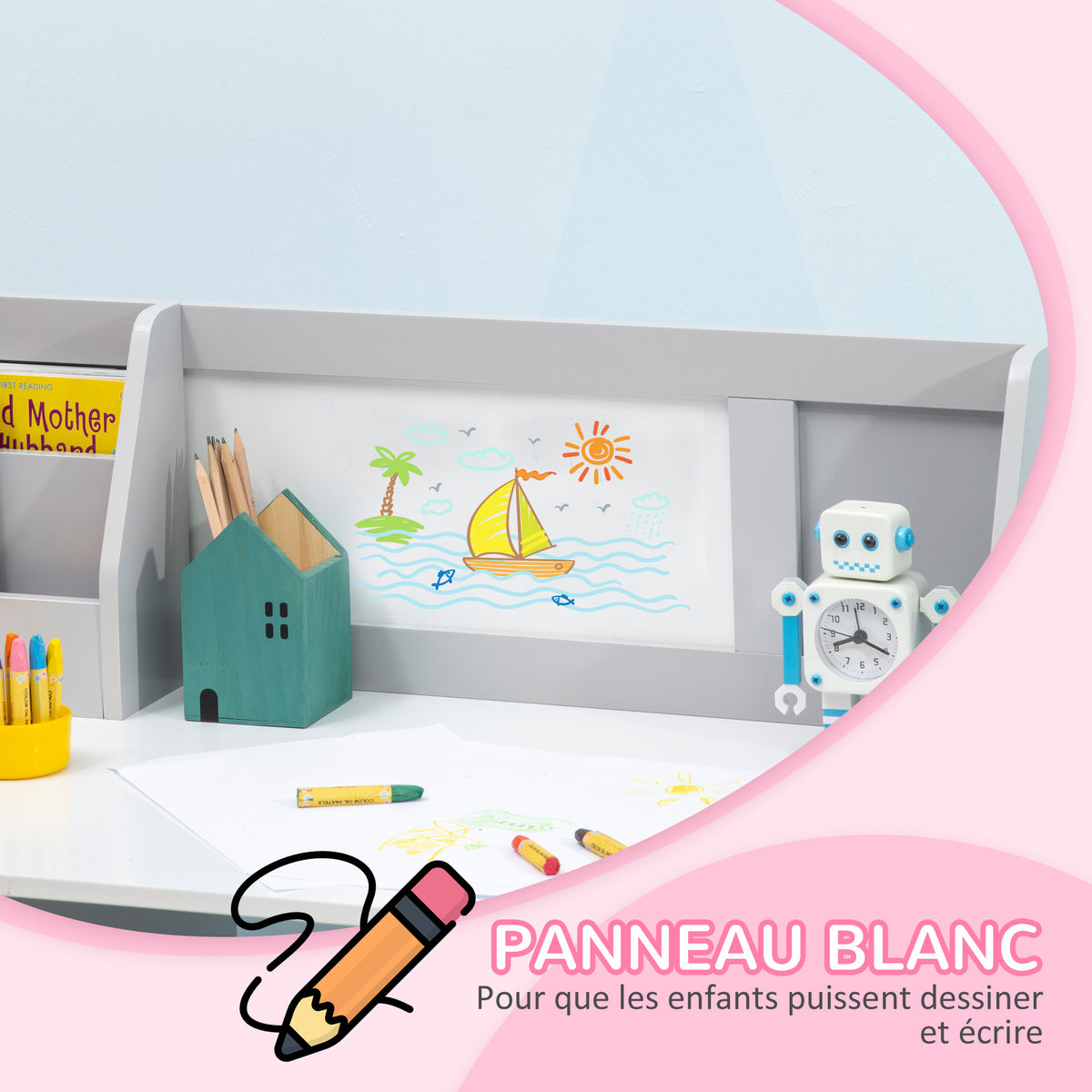 Ensemble table et chaise pour enfant avec tableau blanc - bureau pour enfant +5 ans - 90L x 45l x 85H cm Gris-4