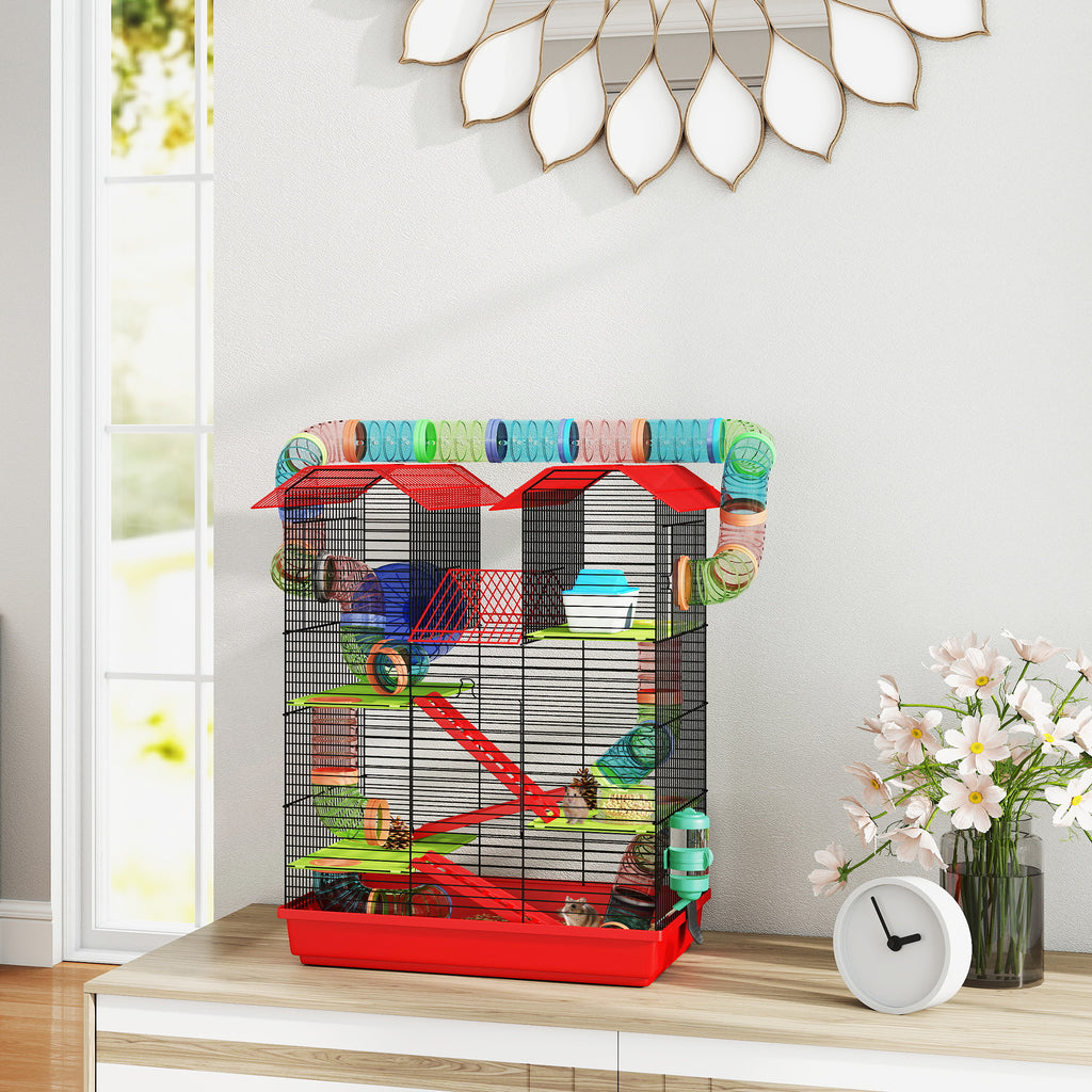 Cage pour hamster souris petit animaux rongeur avec tunnel mangeoire roue jouet 47 x 30 x 59 cm rouge-9