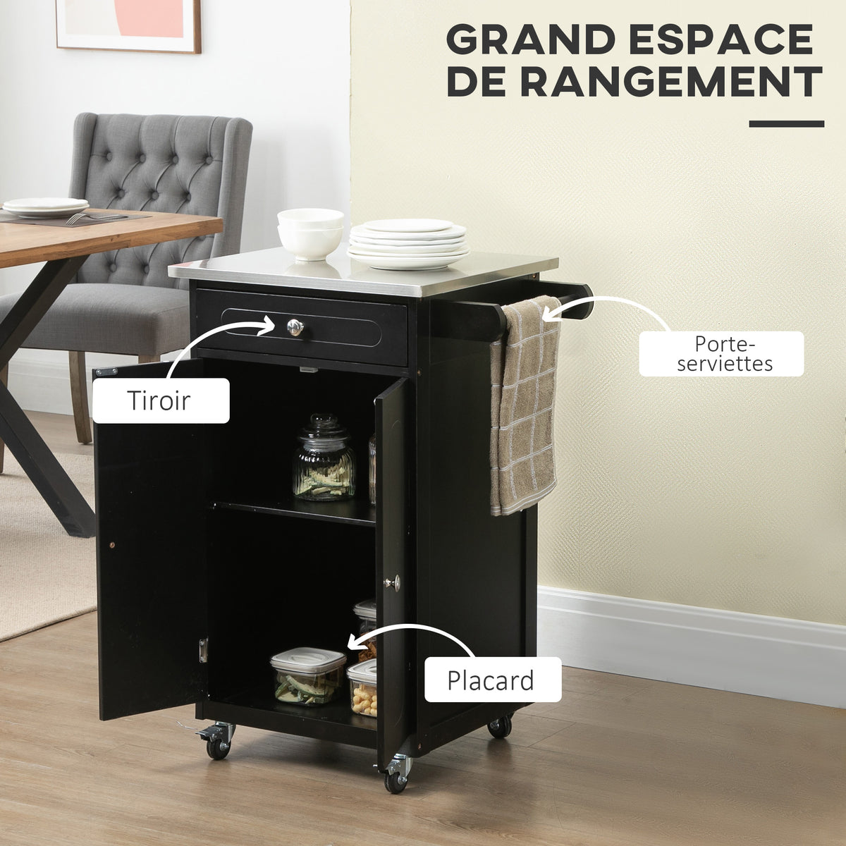 Chariot de service desserte de cuisine à roulettes multi-rangements 1 tiroir placard 2 portes avec étagère porte-torchons MDF noir acier inoxydable-3