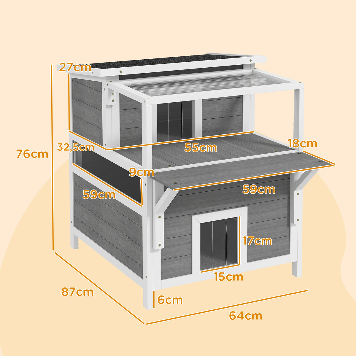 Maison pour chats 2 niveaux avec balcon abrité, toit ouvrable, extérieur, intérieur, gris clair-2