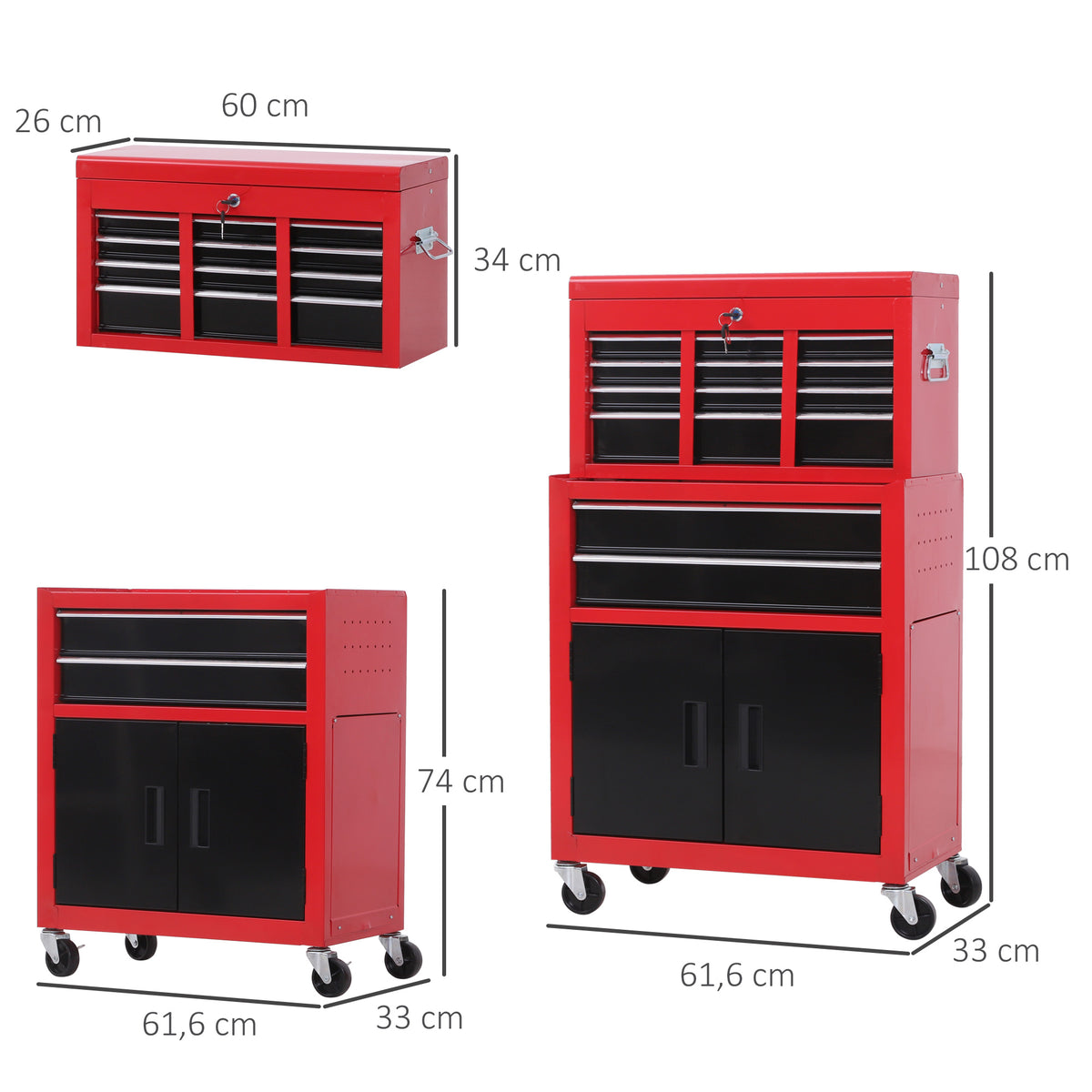 Servante d'atelier servante/ caisse à outil 6 tiroir +1 commode coffre amovible chariot acier rouge et noir-2