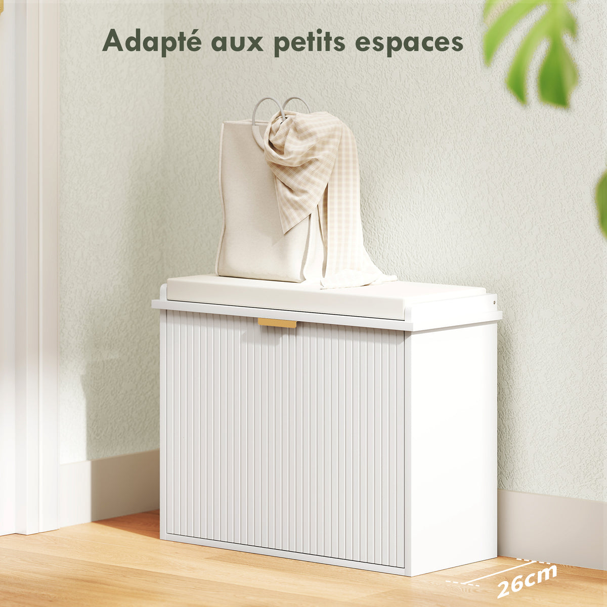 Banc à chaussures avec coussin d'assise rembourré et tiroir rabattable pour couloir, chambre, 62 x 26 x 47,5 cm, blanc-3