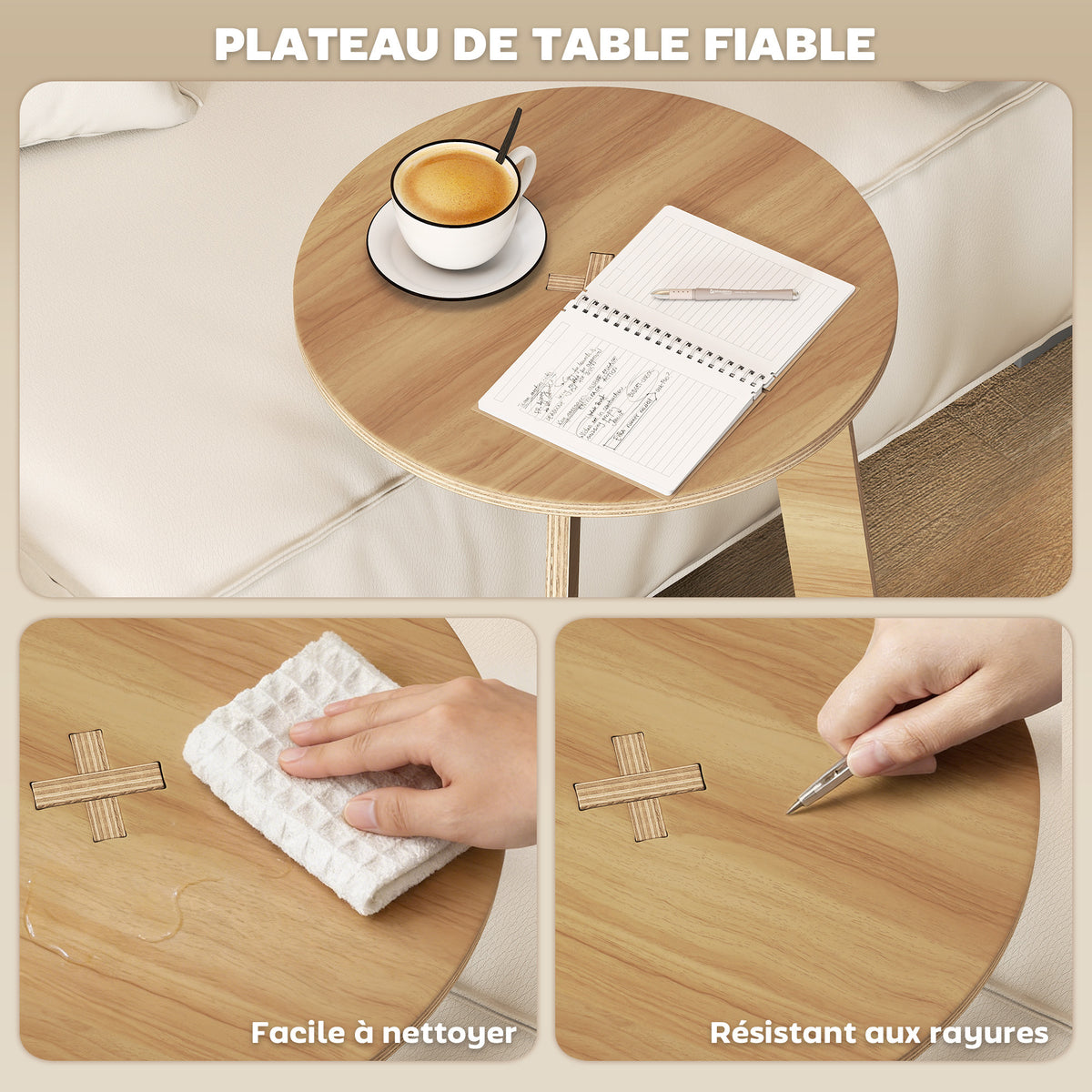 Table d'Appoint en Forme C, Plateau Rond Ø 36 cm, Table Basse Moderne, Compact, Montage par Clipsage, Effet Bois Naturel-5