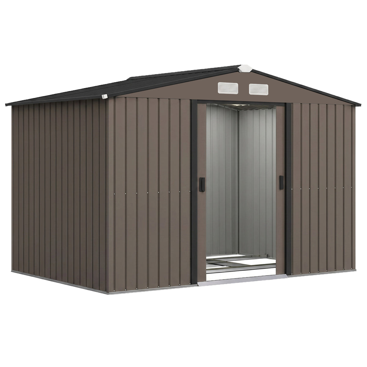 Abri de jardin 5,4 m² 2,77 x 1,95 x 1,92 m kit de fondation porte coulissante ventilations acier galvanisé, marron-0