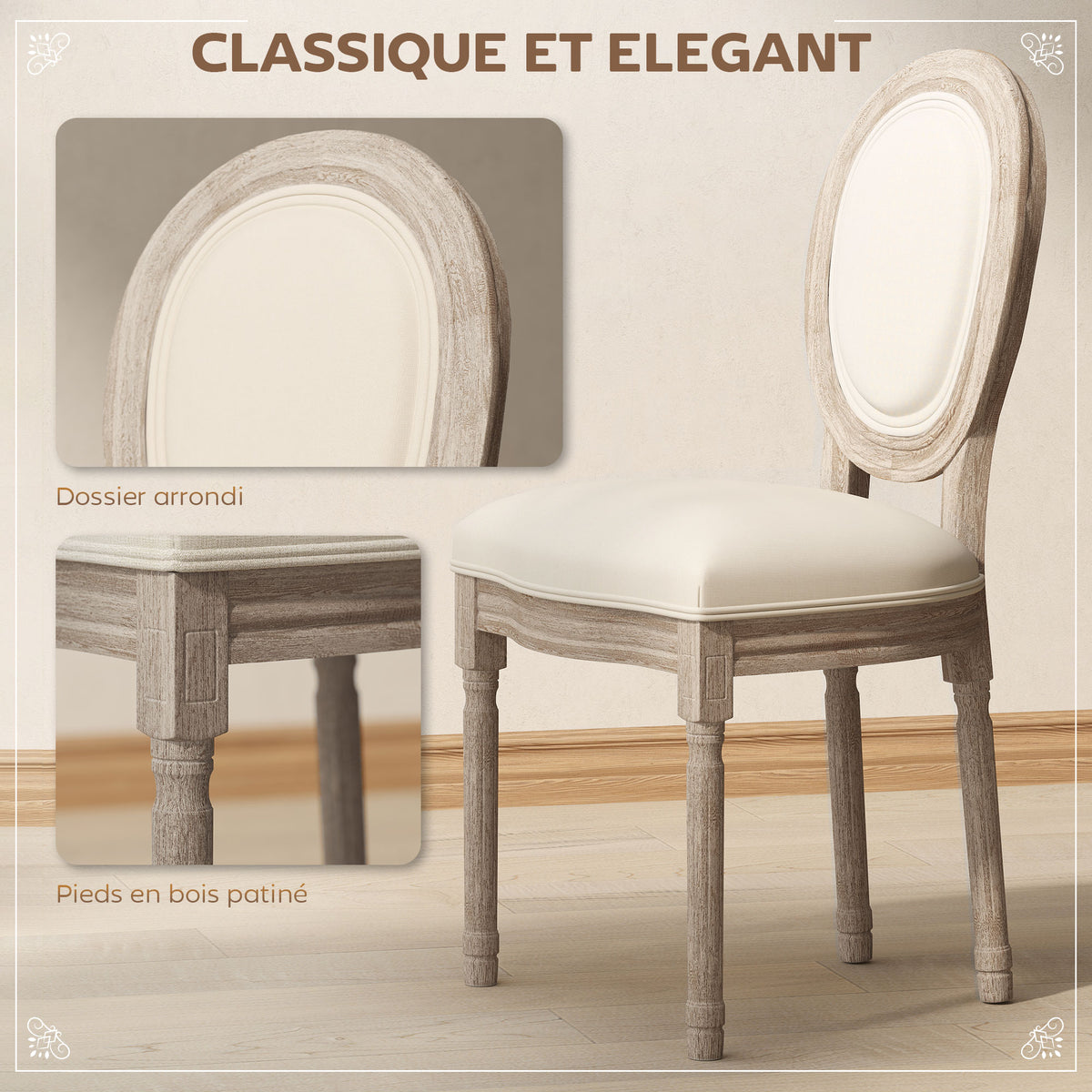 Lot de 2 chaises de Salle à Manger - Chaise de Salon médaillon Style Louis XVI Aspect Lin Crème-3