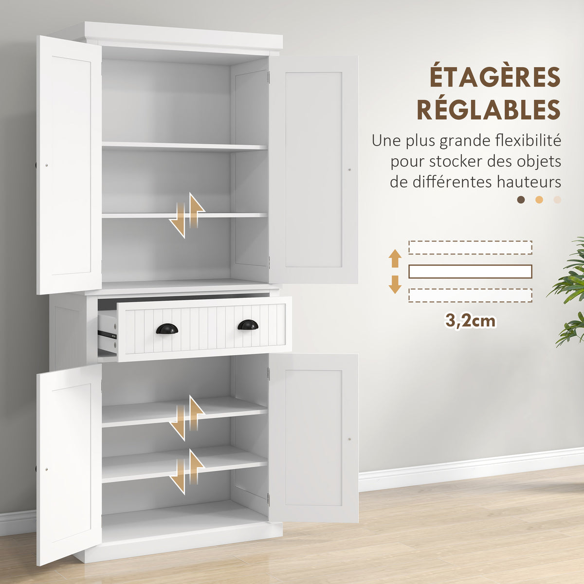 Armoire de cuisine buffet cuisine multi-rangements étagères réglables 4 portes grand tiroir 76,2 x 40,2 x 183 cm blanc-4