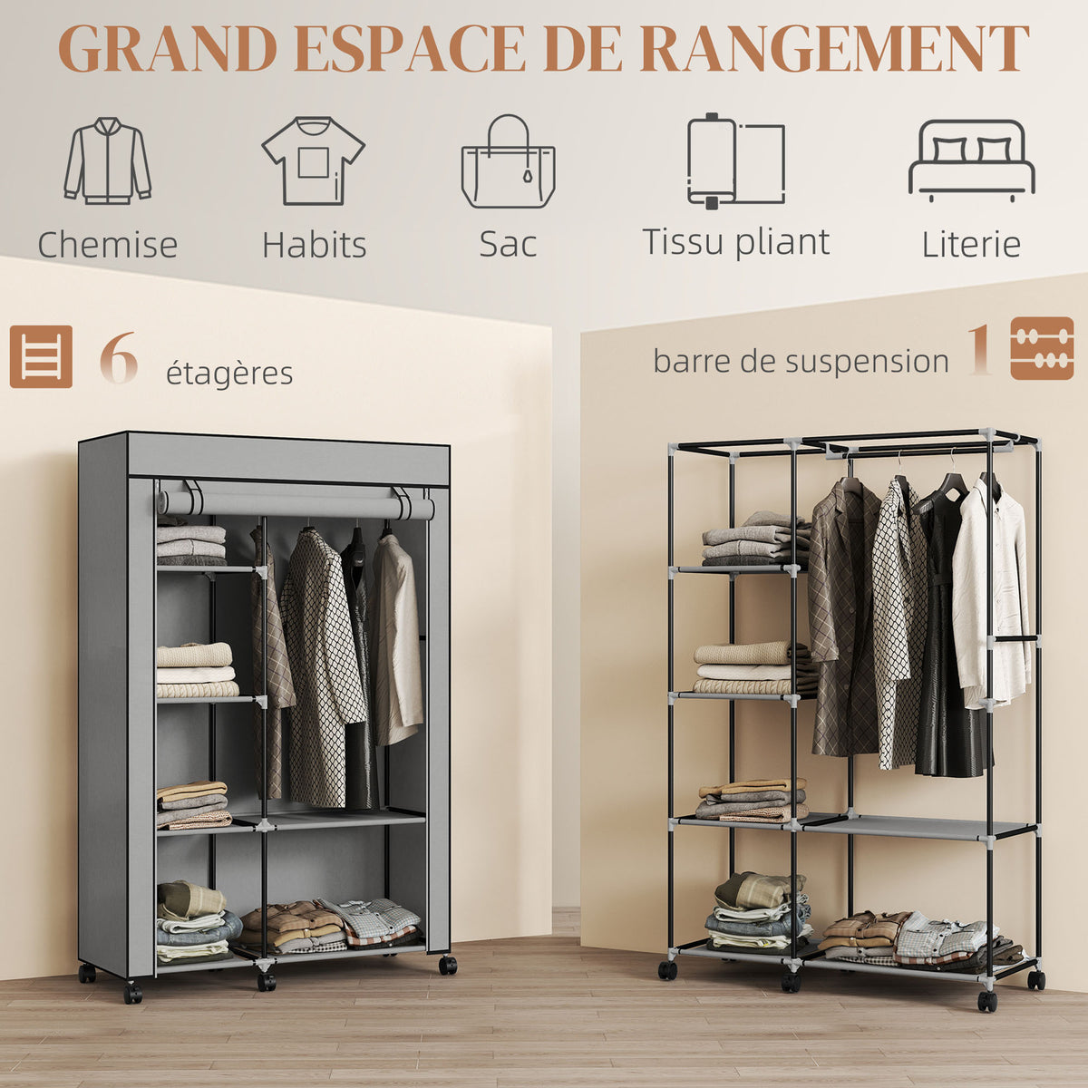 Armoire penderie en tissu meuble de rangement 6 roulettes tringle à vêtements et étagères ouvertes 103x43x162,5cm gris-3