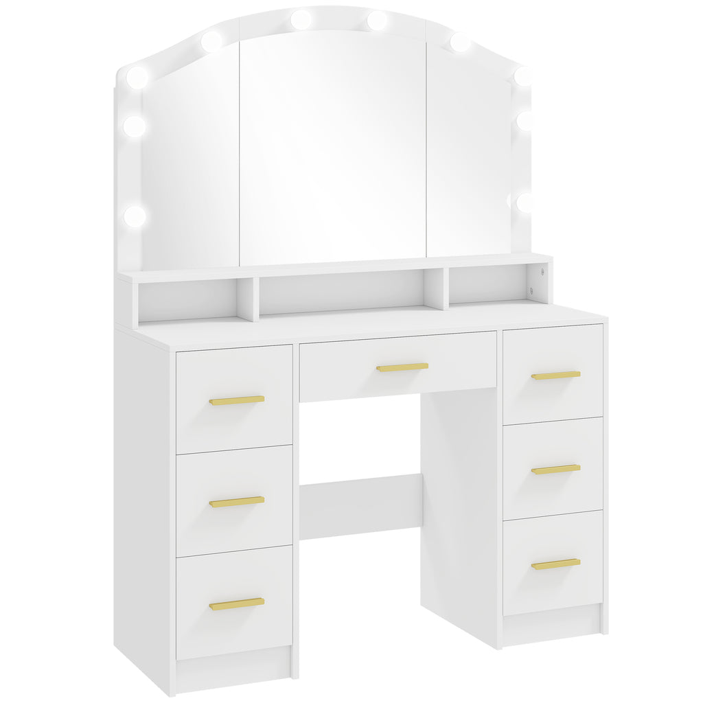 Coiffeuse avec Miroir, Lumières LED Réglable 3 Couleurs, 7 Tiroirs, 3 Compartiments Ouverts, 110 x 40 x 150 cm, Blanc-0